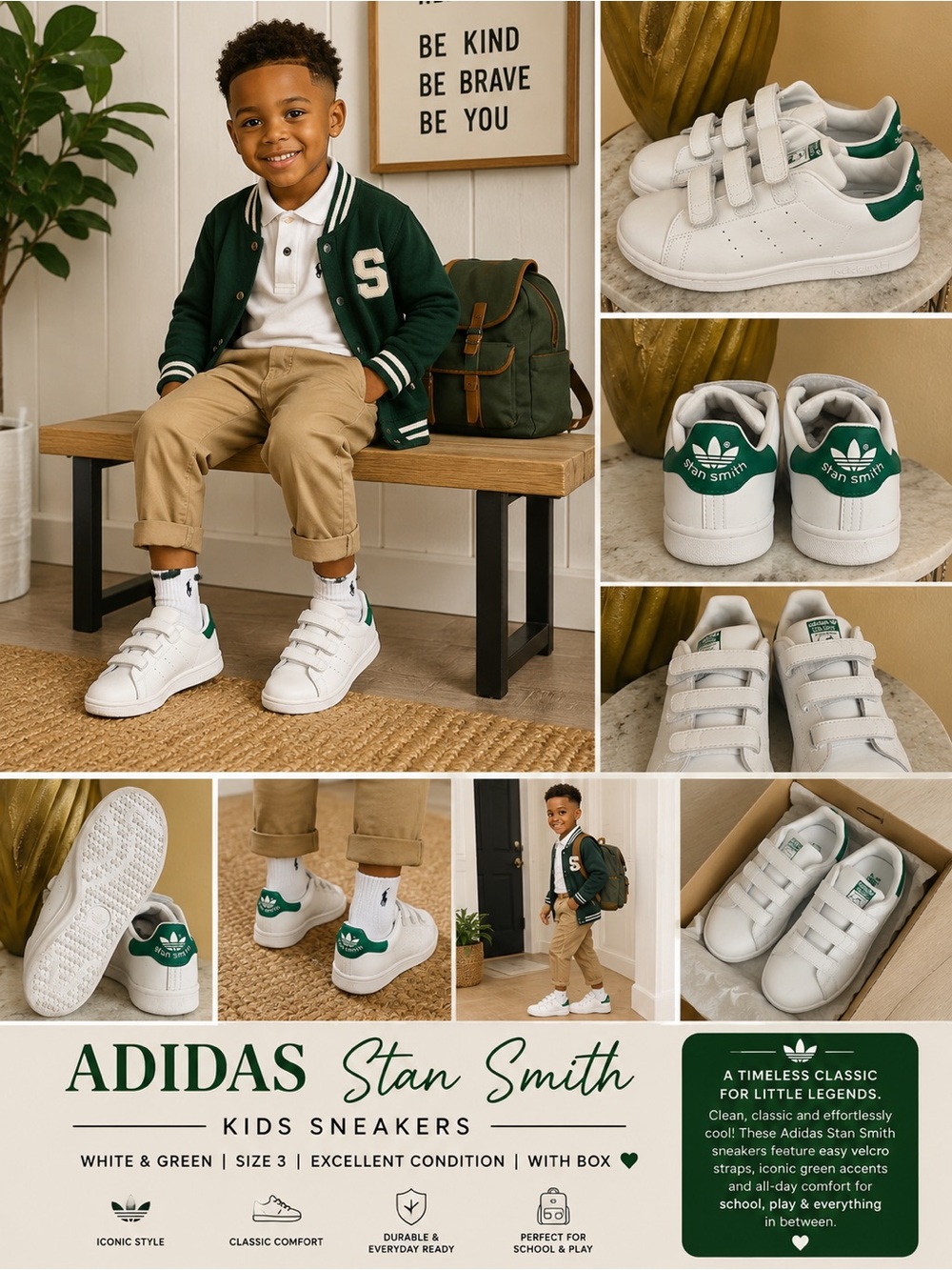 Adidas Stan Smith Kids White Green Velcro Sneakers Size 3 | Excellent + Box